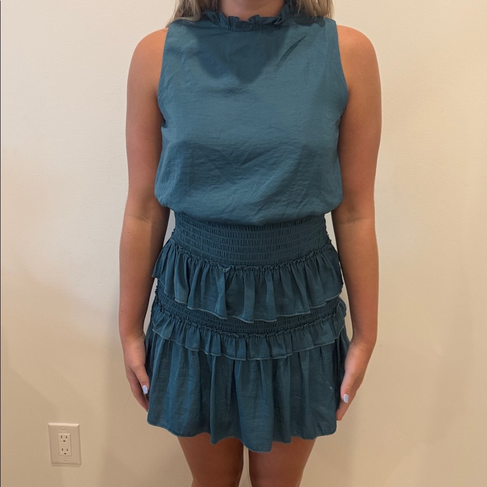Teal Sleeveless Ruffle Dress She&sky